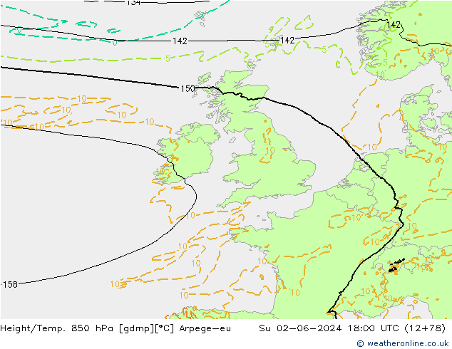 Hoogte/Temp. 850 hPa Arpege-eu zo 02.06.2024 18 UTC