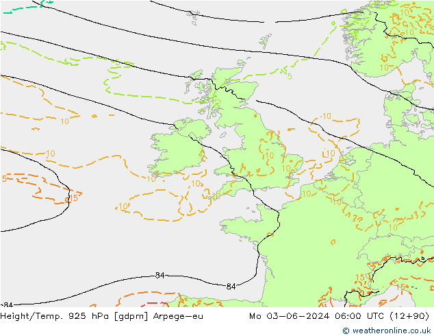 Geop./Temp. 925 hPa Arpege-eu lun 03.06.2024 06 UTC
