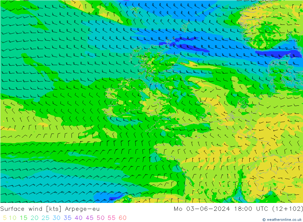 Surface wind Arpege-eu Mo 03.06.2024 18 UTC