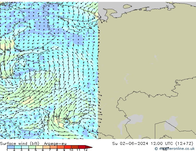 Surface wind (bft) Arpege-eu Su 02.06.2024 12 UTC