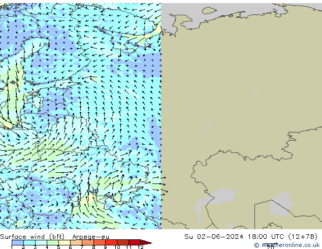 Vent 10 m (bft) Arpege-eu dim 02.06.2024 18 UTC