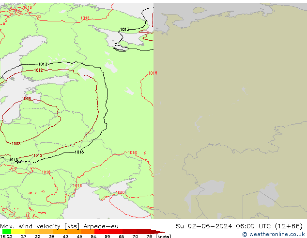 Max. wind velocity Arpege-eu Su 02.06.2024 06 UTC