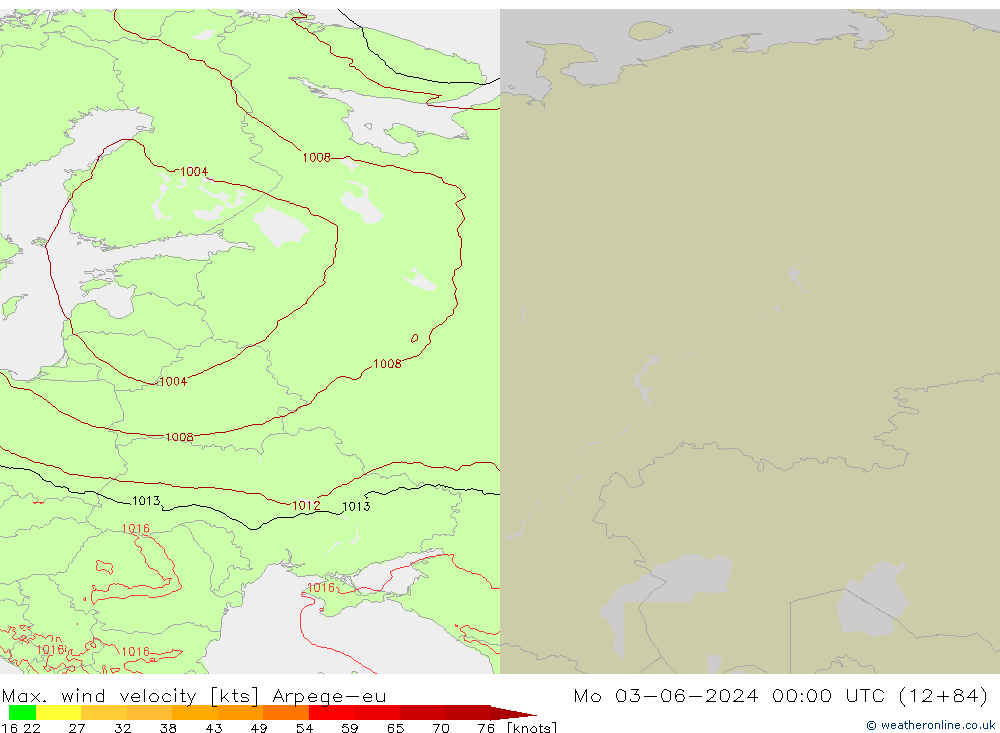 Max. wind velocity Arpege-eu Mo 03.06.2024 00 UTC