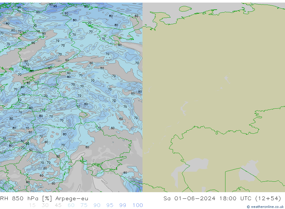 RH 850 hPa Arpege-eu Sáb 01.06.2024 18 UTC