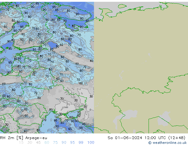 RH 2m Arpege-eu Sa 01.06.2024 12 UTC