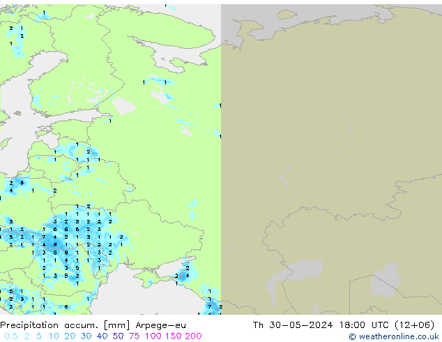 Totale neerslag Arpege-eu do 30.05.2024 18 UTC