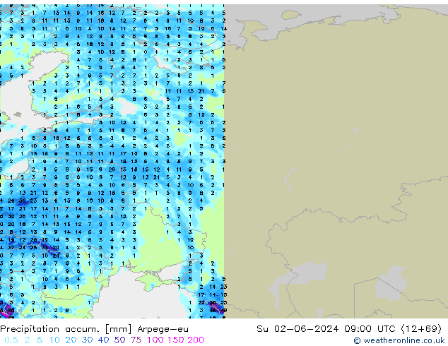 Precipitation accum. Arpege-eu Su 02.06.2024 09 UTC