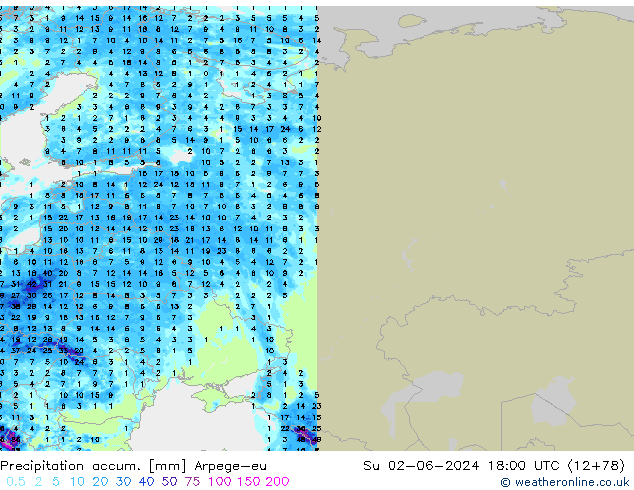 Precipitation accum. Arpege-eu Su 02.06.2024 18 UTC