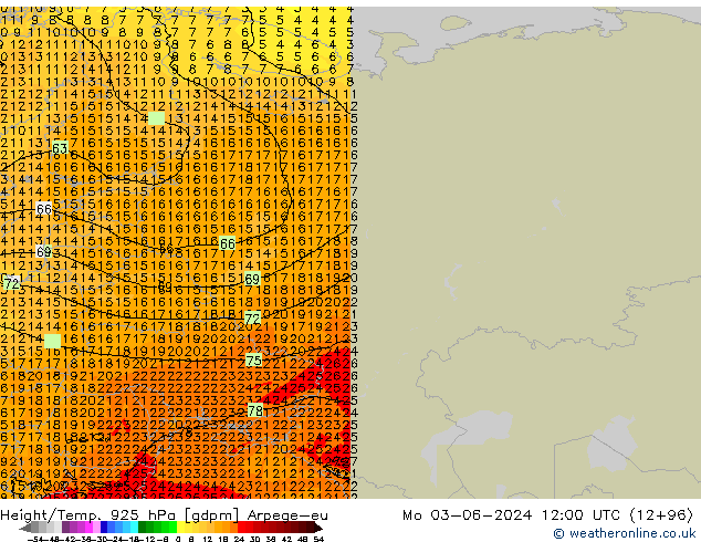 Géop./Temp. 925 hPa Arpege-eu lun 03.06.2024 12 UTC