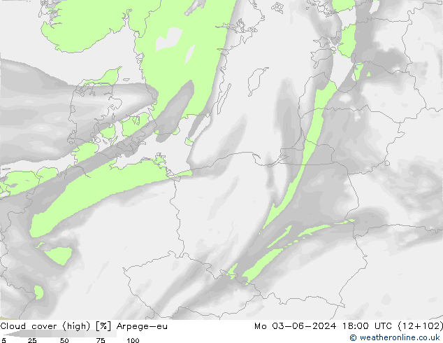 Cloud cover (high) Arpege-eu Mo 03.06.2024 18 UTC