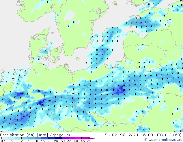 Precipitation (6h) Arpege-eu Su 02.06.2024 00 UTC