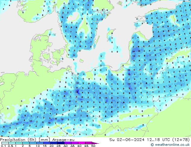 Precipitation (6h) Arpege-eu Su 02.06.2024 18 UTC