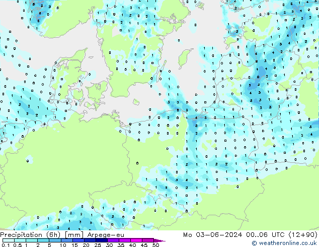 Precipitação (6h) Arpege-eu Seg 03.06.2024 06 UTC