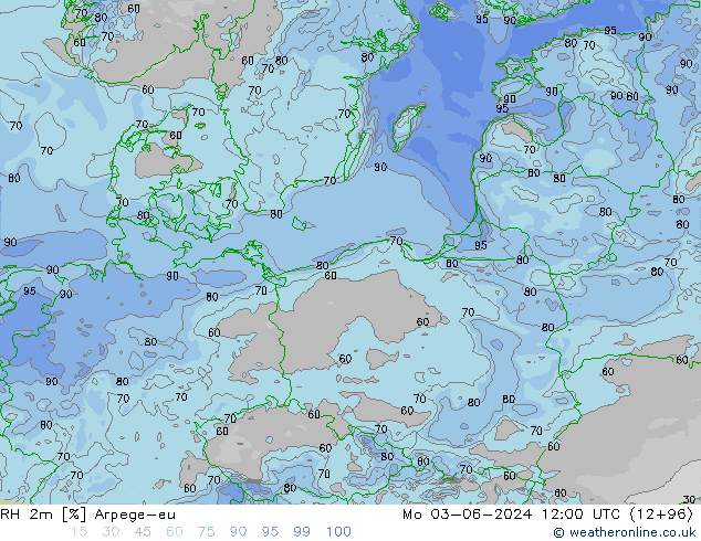 Humedad rel. 2m Arpege-eu lun 03.06.2024 12 UTC