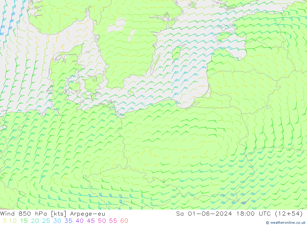 Wind 850 hPa Arpege-eu za 01.06.2024 18 UTC