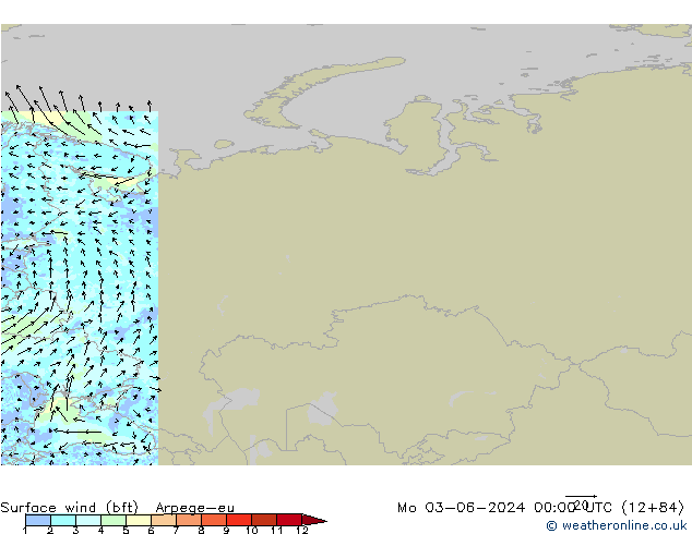 Viento 10 m (bft) Arpege-eu lun 03.06.2024 00 UTC