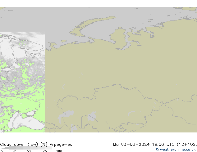 Cloud cover (low) Arpege-eu Mo 03.06.2024 18 UTC