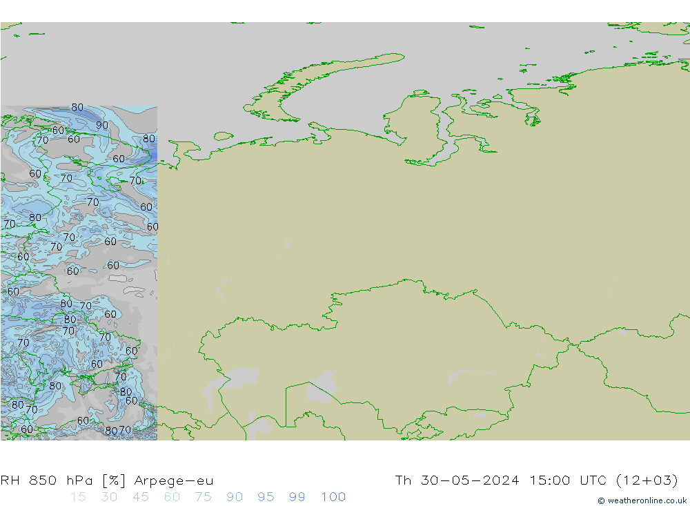 RH 850 hPa Arpege-eu Th 30.05.2024 15 UTC