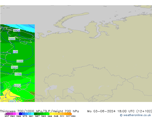 Thck 700-1000 hPa Arpege-eu lun 03.06.2024 18 UTC
