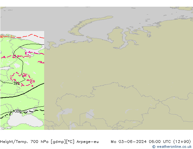 Height/Temp. 700 hPa Arpege-eu lun 03.06.2024 06 UTC