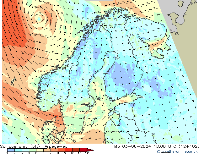 Surface wind (bft) Arpege-eu Mo 03.06.2024 18 UTC