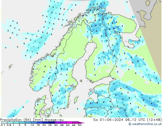 Precipitation (6h) Arpege-eu Sa 01.06.2024 12 UTC