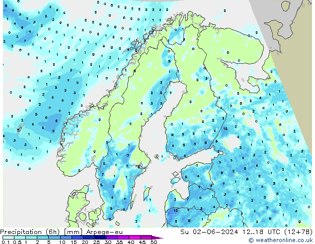 Precipitazione (6h) Arpege-eu dom 02.06.2024 18 UTC