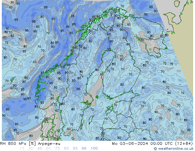 RH 850 hPa Arpege-eu Seg 03.06.2024 00 UTC