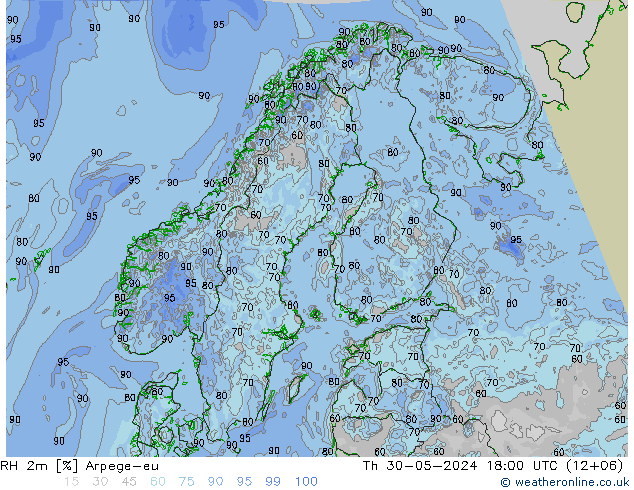 RH 2m Arpege-eu Qui 30.05.2024 18 UTC