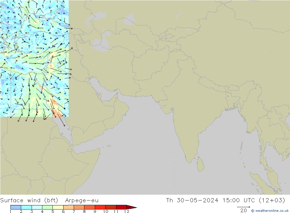 Wind 10 m (bft) Arpege-eu do 30.05.2024 15 UTC