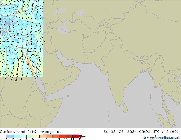 Surface wind (bft) Arpege-eu Su 02.06.2024 09 UTC