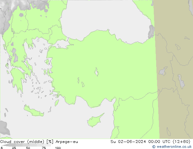 Cloud cover (middle) Arpege-eu Su 02.06.2024 00 UTC