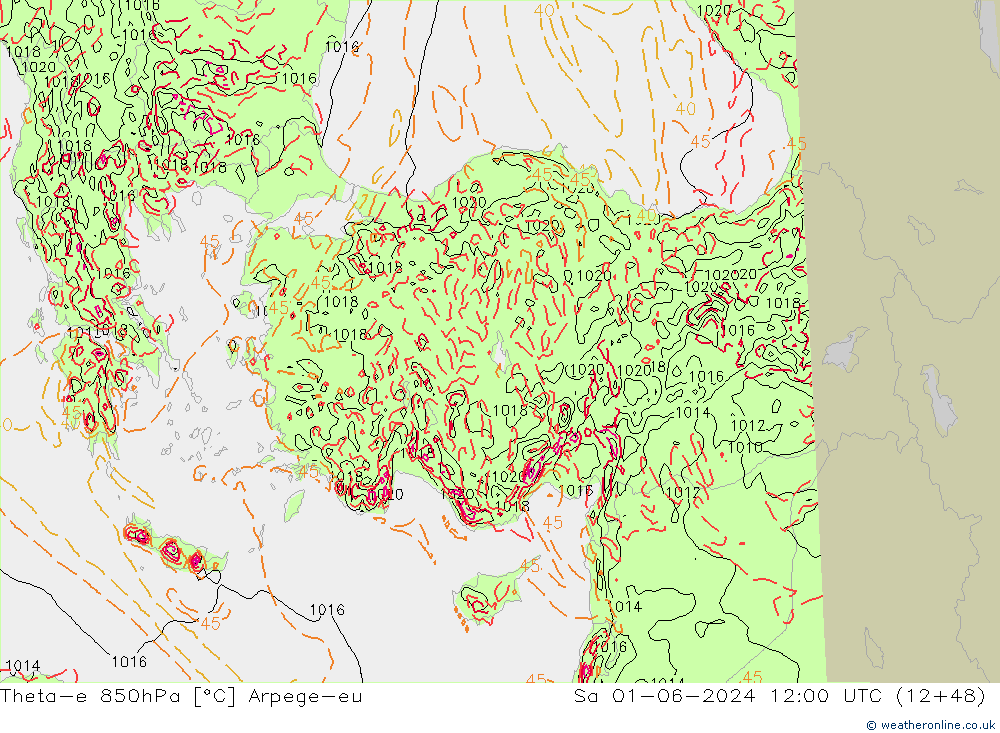 Theta-e 850hPa Arpege-eu Sa 01.06.2024 12 UTC