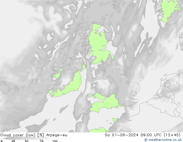 Cloud cover (low) Arpege-eu Sa 01.06.2024 09 UTC