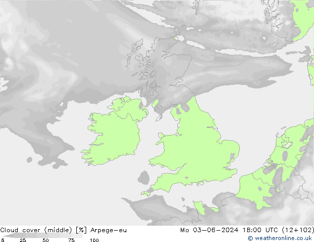 Cloud cover (middle) Arpege-eu Mo 03.06.2024 18 UTC