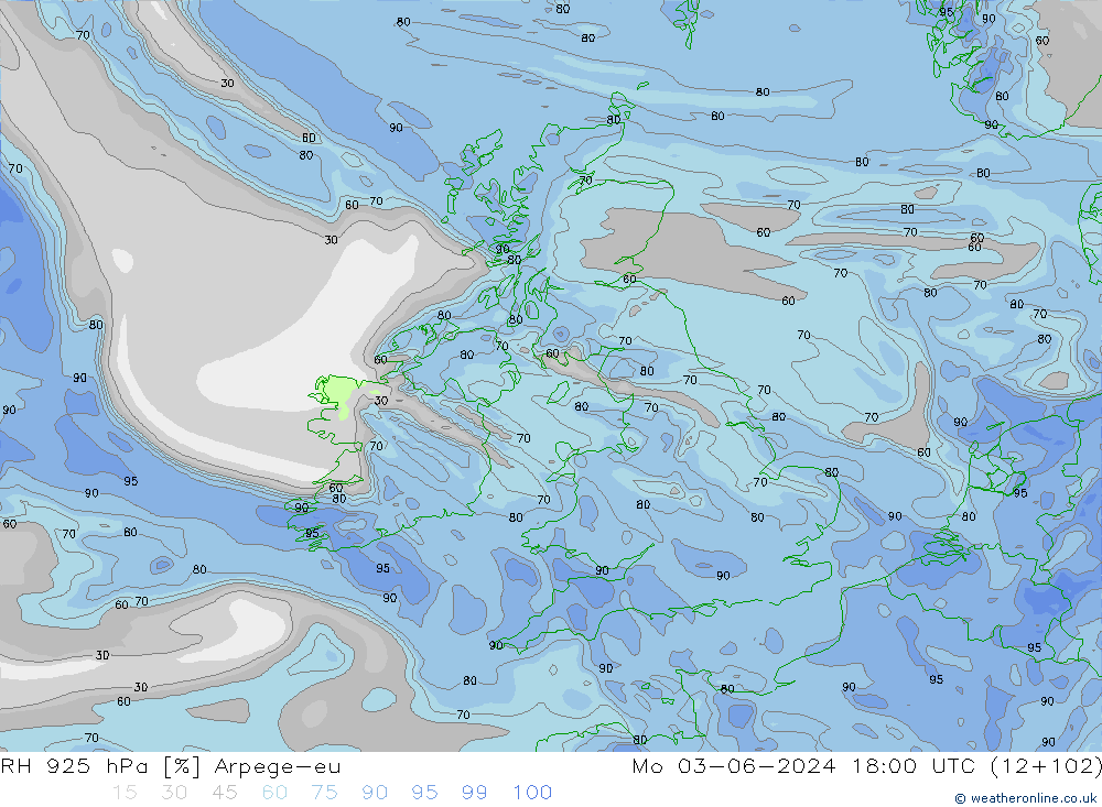 RH 925 hPa Arpege-eu Mo 03.06.2024 18 UTC