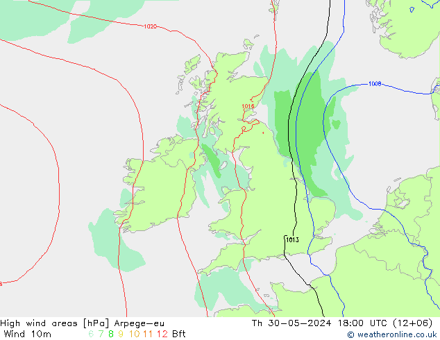 High wind areas Arpege-eu Qui 30.05.2024 18 UTC