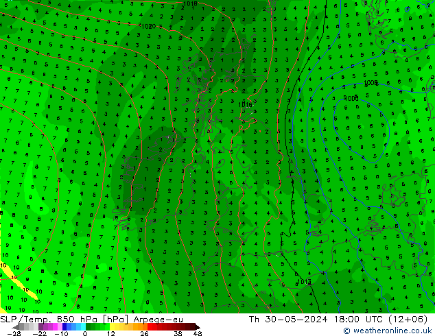 SLP/Temp. 850 hPa Arpege-eu jeu 30.05.2024 18 UTC