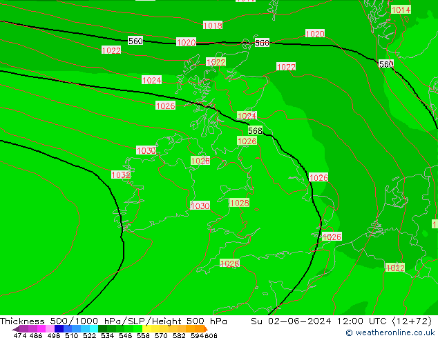 Espesor 500-1000 hPa Arpege-eu dom 02.06.2024 12 UTC