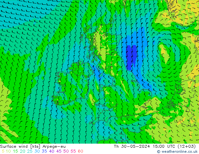 Viento 10 m Arpege-eu jue 30.05.2024 15 UTC