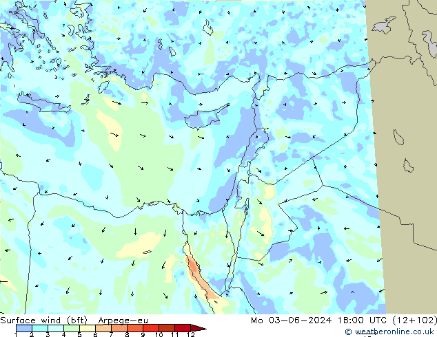 Viento 10 m (bft) Arpege-eu lun 03.06.2024 18 UTC