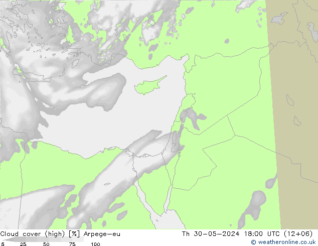 Cloud cover (high) Arpege-eu Th 30.05.2024 18 UTC