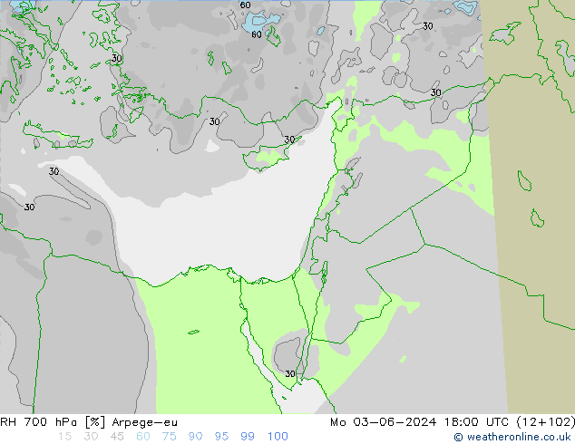 RH 700 hPa Arpege-eu Mo 03.06.2024 18 UTC