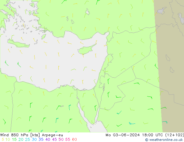 Vento 850 hPa Arpege-eu lun 03.06.2024 18 UTC