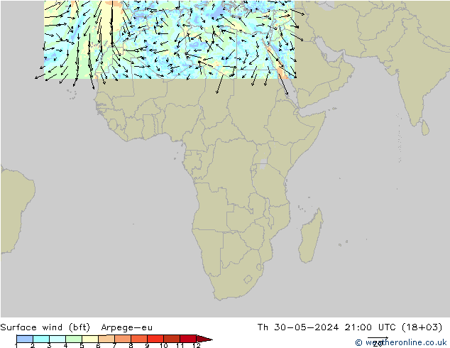 Viento 10 m (bft) Arpege-eu jue 30.05.2024 21 UTC