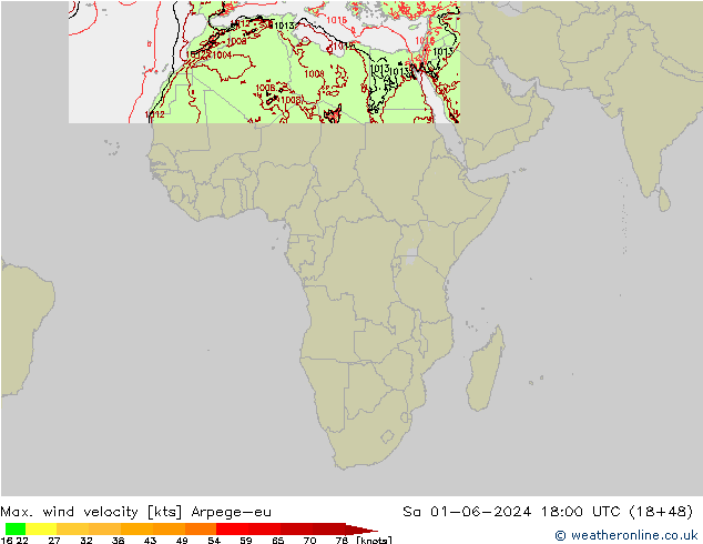 Max. wind velocity Arpege-eu  01.06.2024 18 UTC