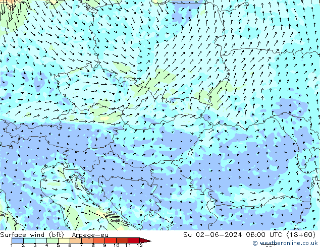 Viento 10 m (bft) Arpege-eu dom 02.06.2024 06 UTC