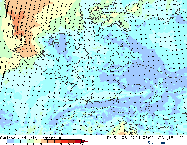 Surface wind (bft) Arpege-eu Fr 31.05.2024 06 UTC