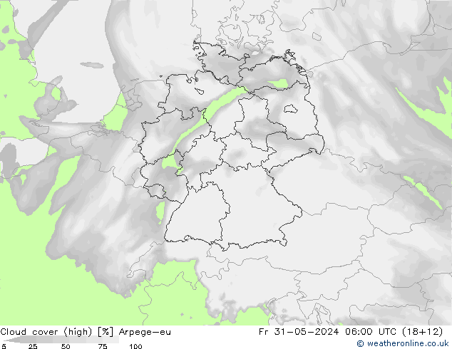Nuages (élevé) Arpege-eu ven 31.05.2024 06 UTC