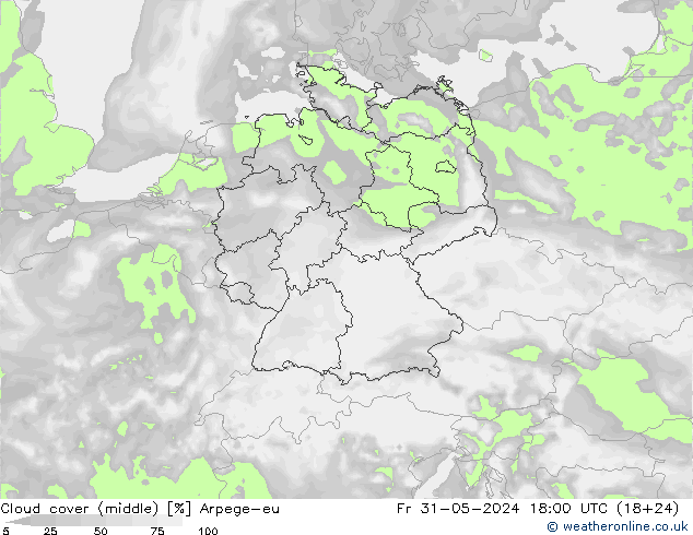 Cloud cover (middle) Arpege-eu Fr 31.05.2024 18 UTC